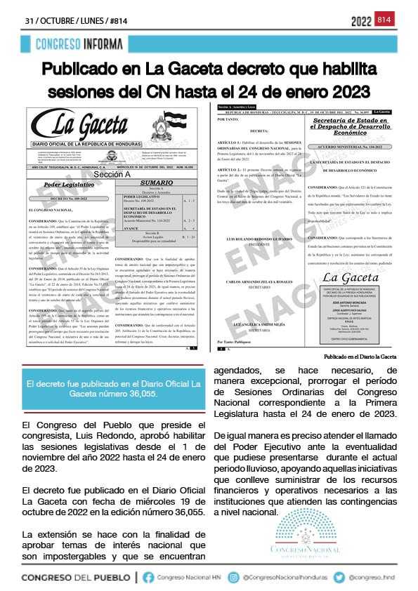 Publicado en La Gaceta decreto que habilita sesiones del CN hasta el 24 de enero 2023
